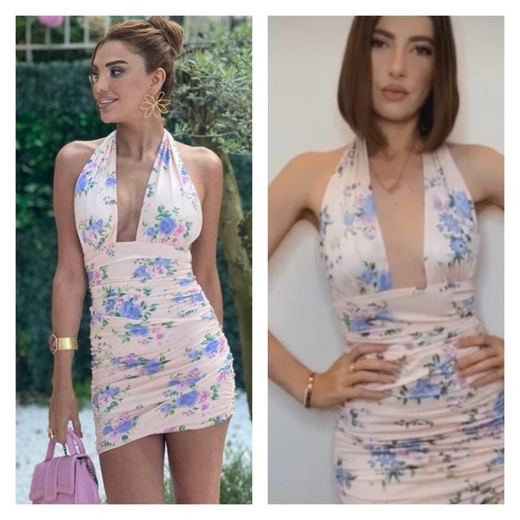 ZARA Light Pink Floral Halter Neck Open Back Ruched Bodycon Mini Dress Medium - Picture 6 of 14